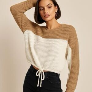 Hollister Vintage Waffle Knit 2 Tone Sweater w Back Cutouts Size Small Tan White